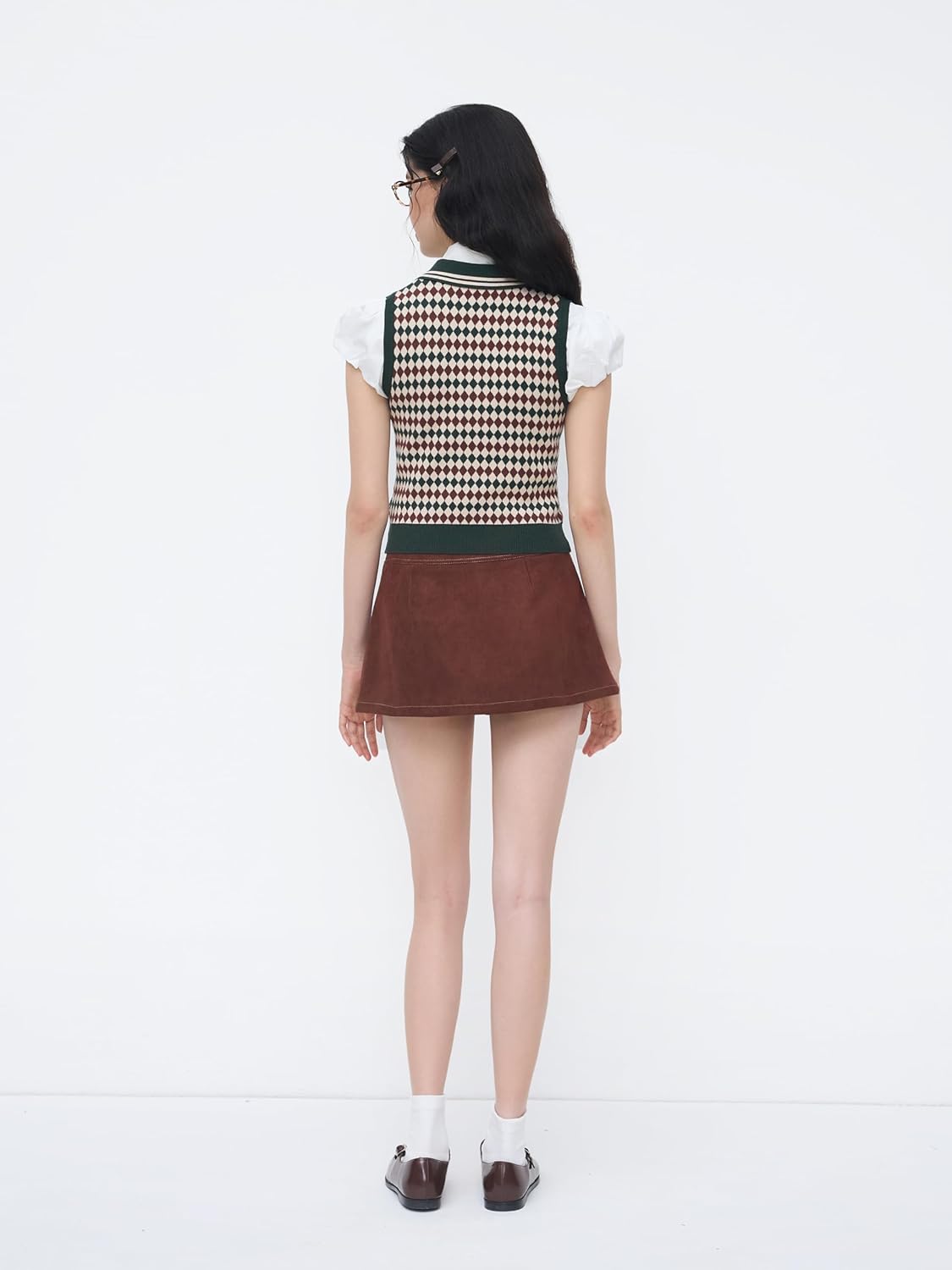 CIDER Knit Jacquard V-Neck Polo Geometric Crop Vest