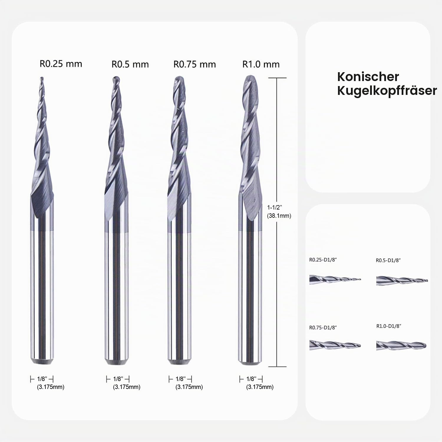 SpeTool 4 Stück 2 Flöten Kugelkopffräser mit Konischer Spitze Fräser CNC Gravierfräser R0,25mm-1,0mm 3,175mm (1/8") Schaft Vollhartmetallfräser für Oberfräse mit TiAlN Beschichtung für 2D 3D Gravur