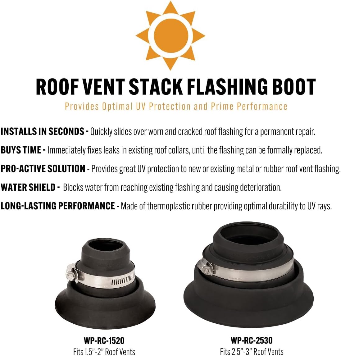 Roof Pipe Flashing Collar Repair Boot for 2.5″–3″ Vent Pipes — Thermoplastic Rubber Roof Vent Boot with Stainless Steel Clamp — Flexible Waterproof Roof Boot Replacement