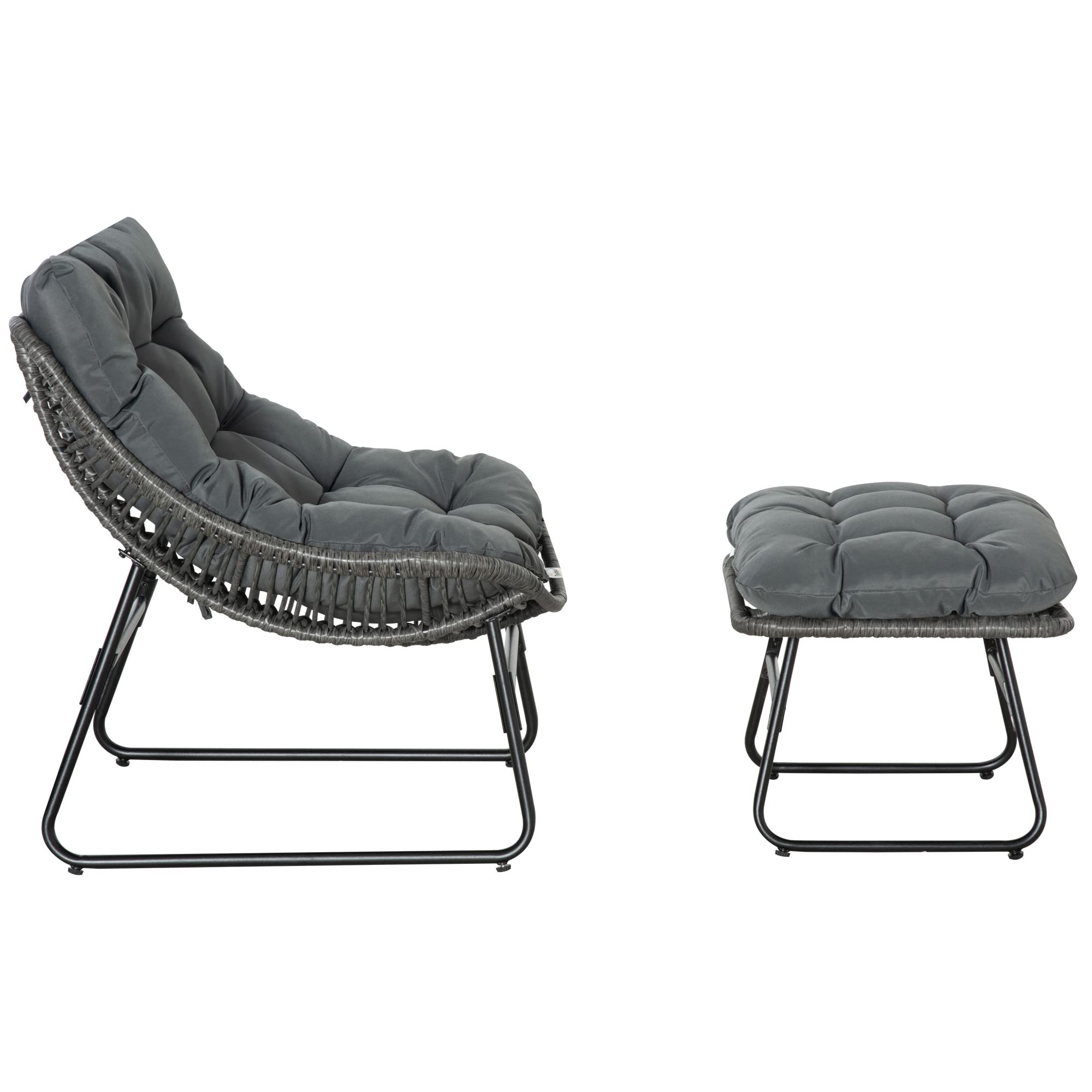 Outsunny Rattan Relaxsessel mit Fußhocker, Gartensessel mit Dicke Kissen Outdoor Rattanstuhl Gartenstuhl für Garten, Balkon, Terrasse Grau