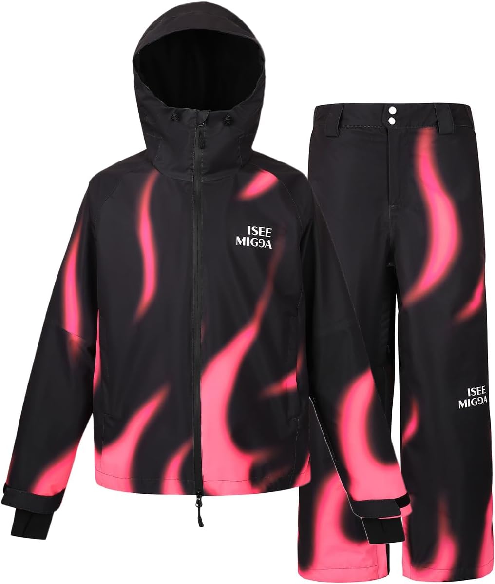 Snow Suits Women Ski Jacket and Pants Set Waterproof Snowboarding Winter Sports Pink Fire