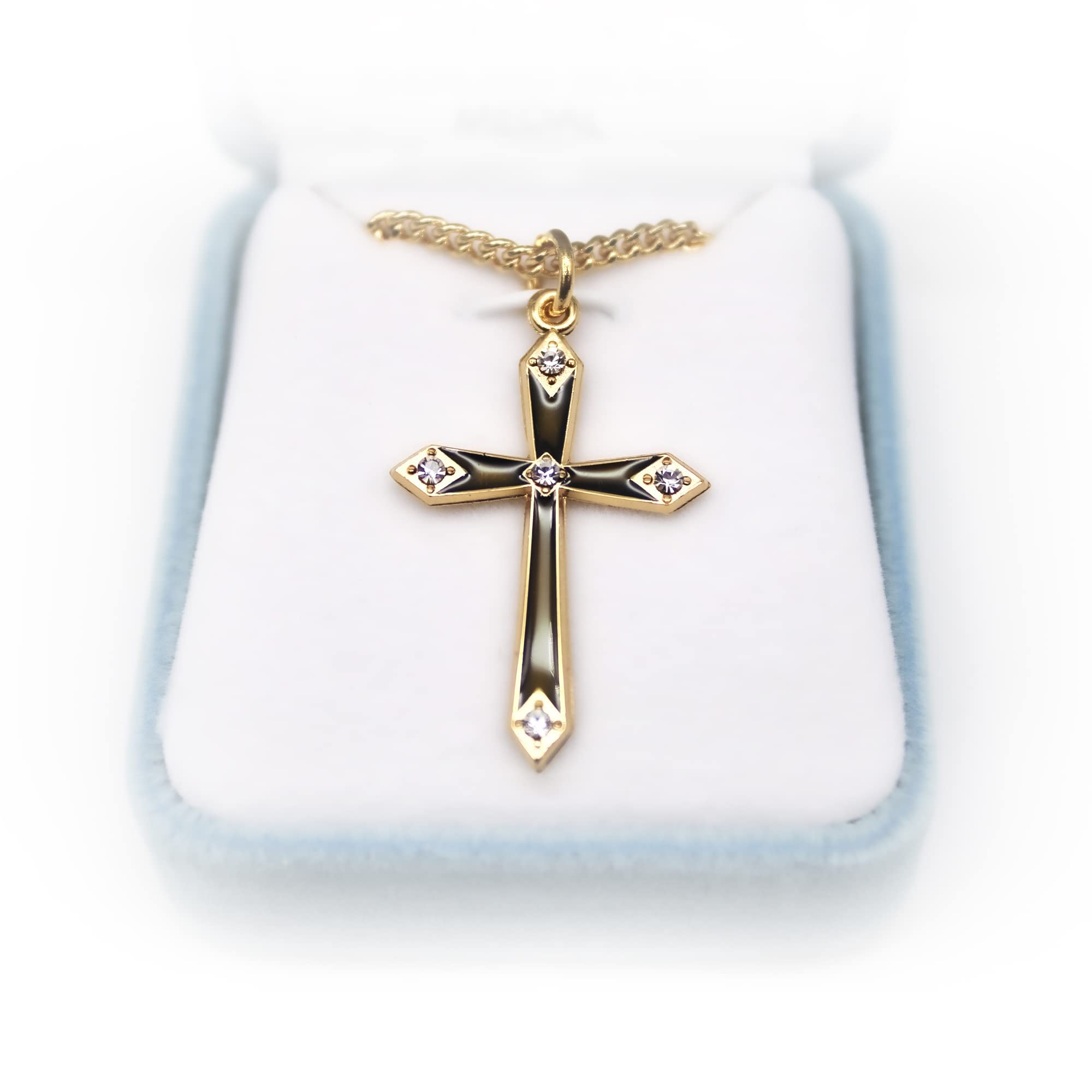Fratelli Bonella | Collana con Croce in Argento 925 - punti luce in Cristallo Swarosky - finitura placcata in oro 16 Kt – Girocollo da 45 cm in Argento Inossidabile | Made in Italy