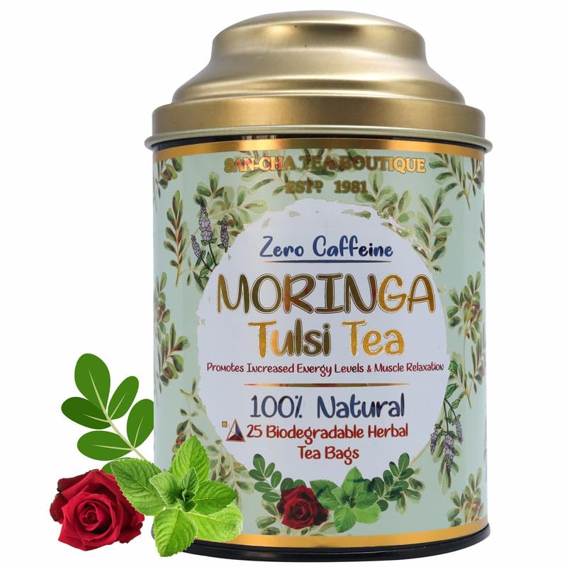 Image of Sancha Tea Boutique Moringa Tulsi Herbal Infusion, Caffeine-Free Wellness Tisane for Energy Support, 25 Pyramid Tea Bags
