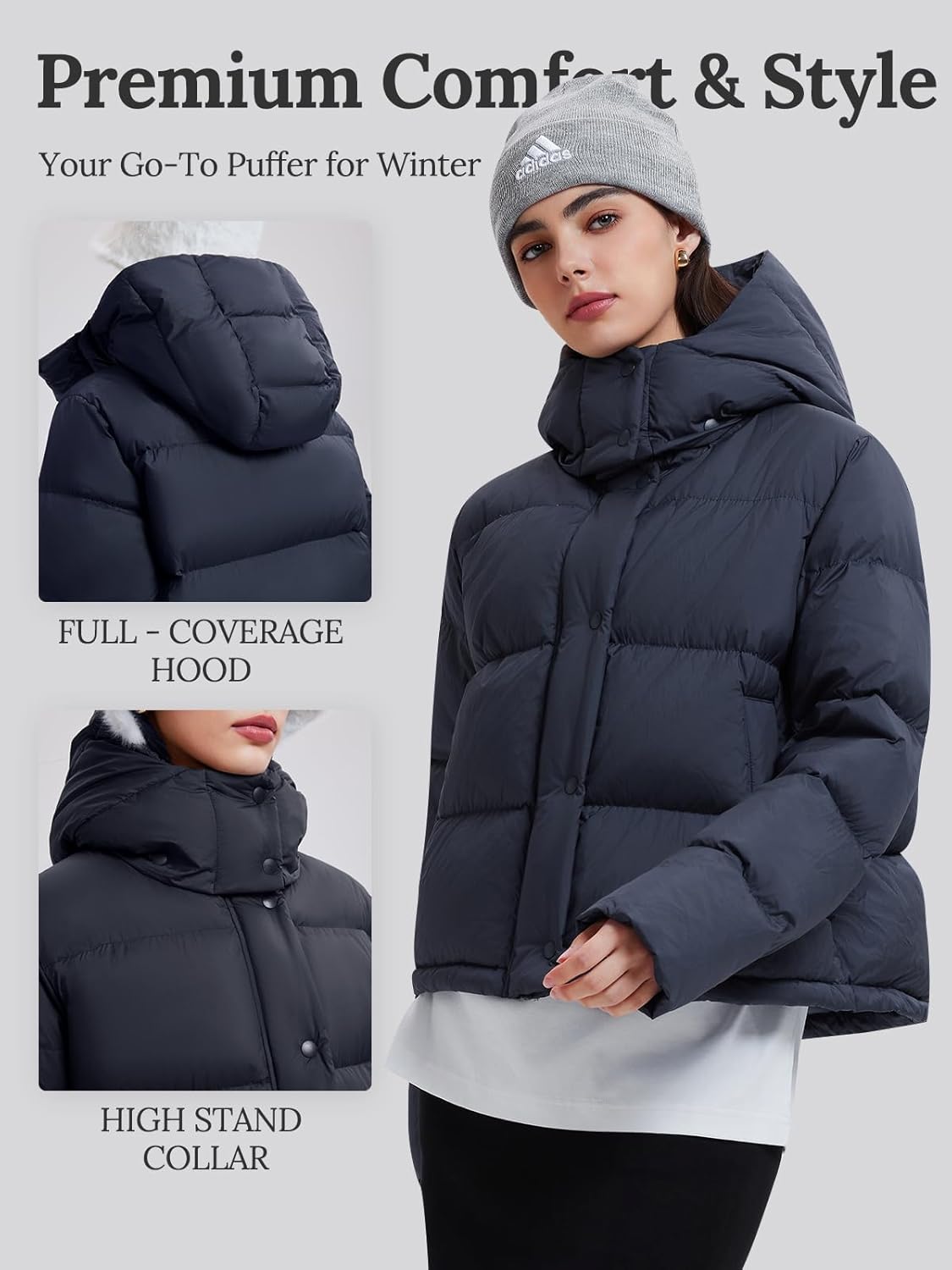 800 Fill Short Down Puffer Jacket, Relaxed Fit Lightweight Ski Winter Jacket & Coat Snap Button Puffy Cropped Outerwear - Image 4