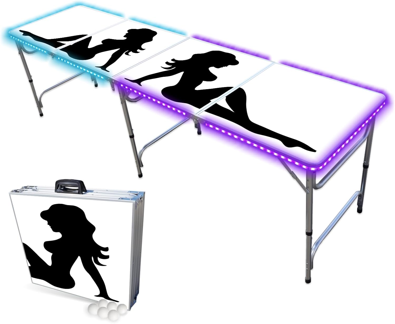 PARTYPONG 8-Foot Folding Beer Pong Table w/LED Lights - Trucker Girl Edition