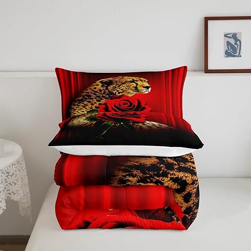 Miniatura 5 de Erosebridal Juego de ropa de cama con diseño de rosa de guepardo, juego de edredón abstracto degradado, tamaño Queen, estampado de leopardo, flores,