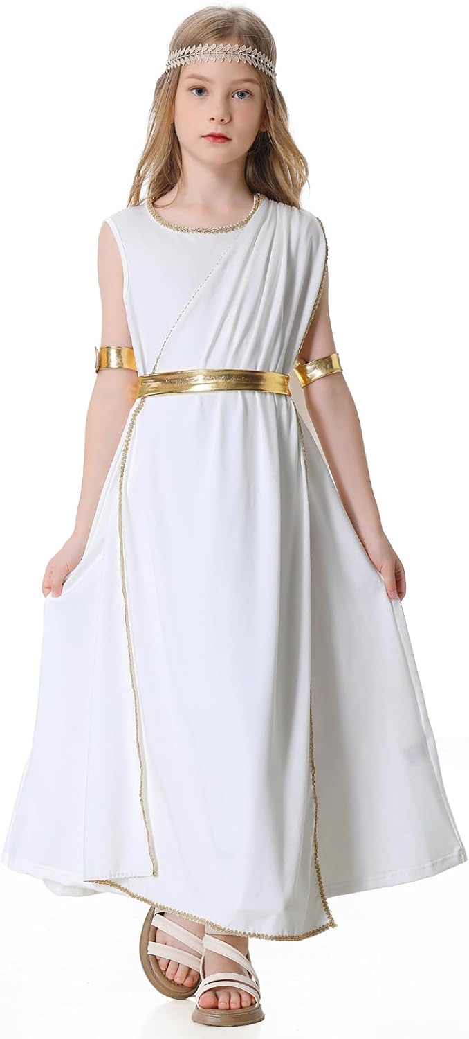 LMYOVE Greek Goddess Costume Girls, White Goddess Dress with Headband, Toga Costume 4 PCS Halloween Rome Princess Outfit