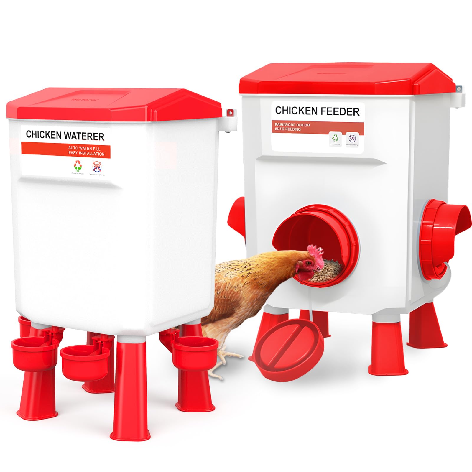 12kg Chicken Feeder and 11L Waterer Set, Chicken Feeders and Drinkers, Chicken Feeders No Waste, Outdoor Poultry Feeder with Detachable Legs up to 20 Chicks 12 Adult Chickens - Red