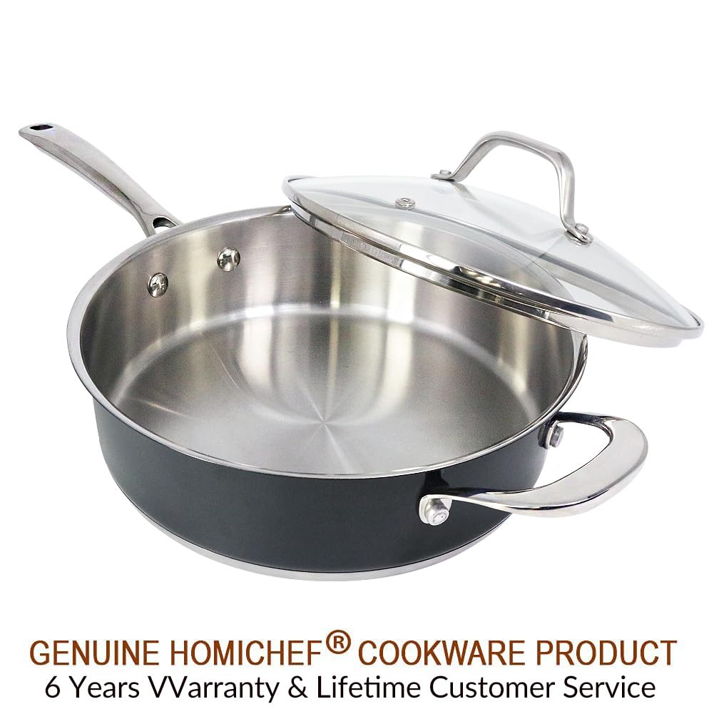 HOMICHEF Patelnia 24 cm ze stali nierdzewnej bez niklu granatowa szklana pokrywka indukcyjna 2,36 l