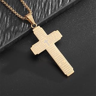 Christian Stainless Steel Cross Pendant Engraved Bible Necklace for Men Women Catholic Prayer Lucky Amulet Jewelry
