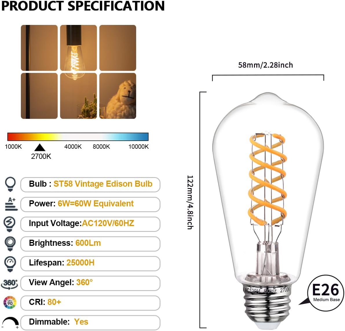 BORT 12Pack Dimmable LED Edison Bulbs,2700K Warm White, 6W Equivalent to 60W Vintage Light Bulbs, Antique Flexible Spiral LED Filament Decorative Light Bulbs