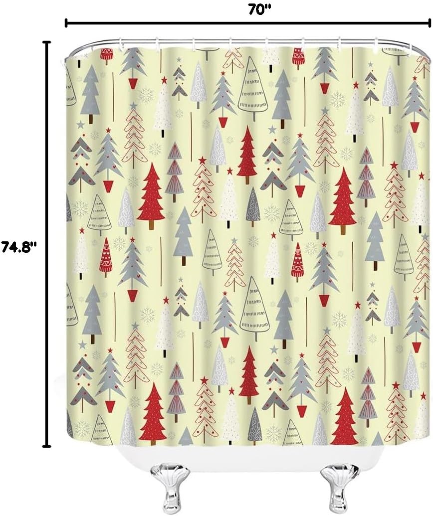 Christmas Tree Shower Curtain Red Gray Xmas Tree Snowflake Winter Holiday Happy New Year Fabric Bathroom Curtain Set with Hooks(74.8" Wx70 H)