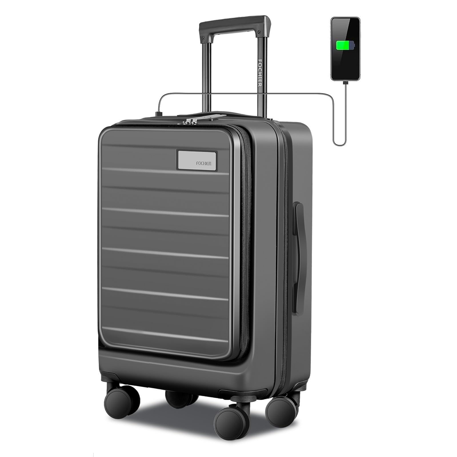 FOCHIER F Carry on Luggage 22x14x9 Airline Approved with Front Pocket & USB Charging Port,20 Inch Lightweight PC Hardside Rolling Travel Suitcase with Wheels (TSA Approved), Grey, 20", Carry on