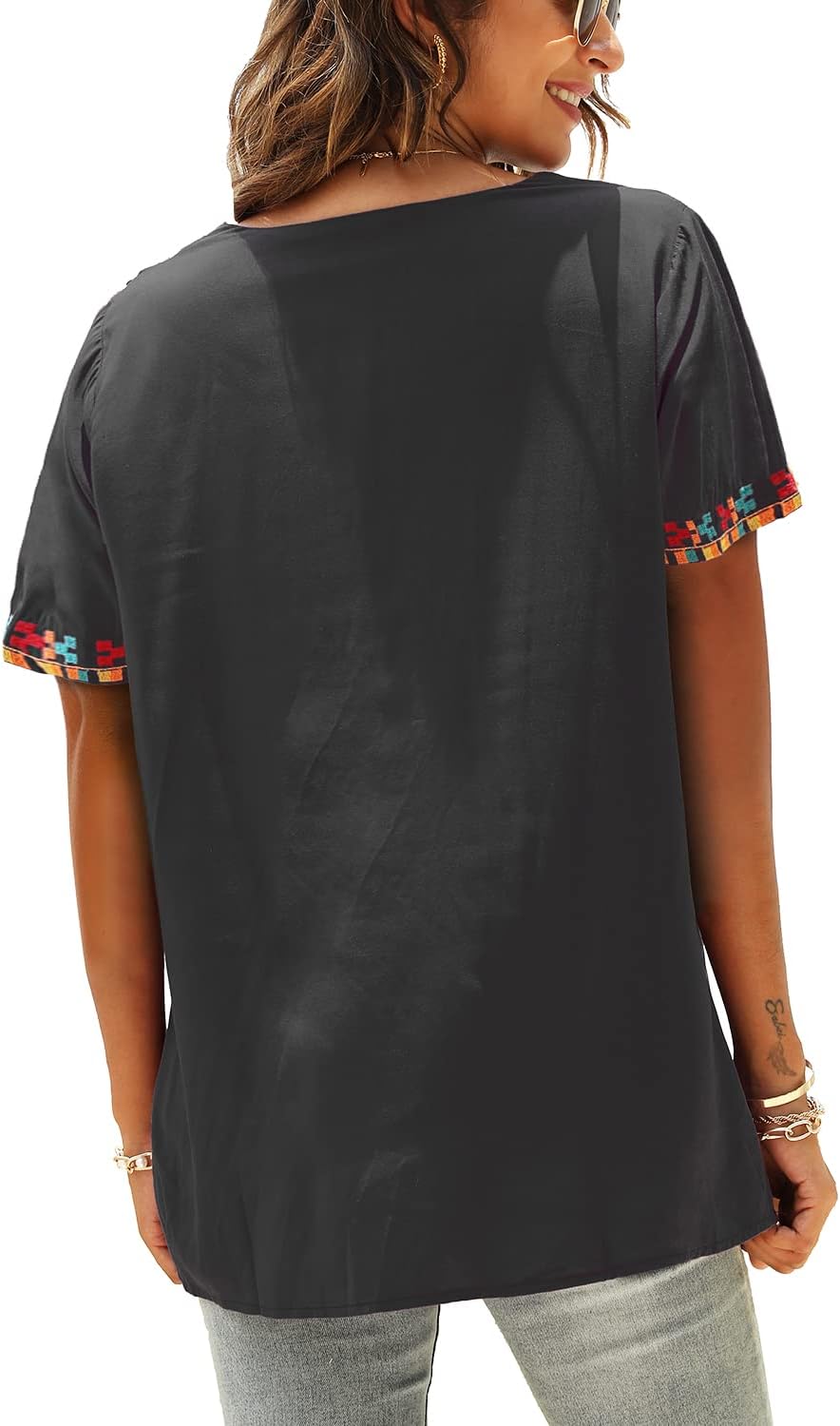 Higustar Women's Mexican Embroidered Tops Traditional Boho Peasant Shirts Summer Short Sleeve Tunics Blouses Hippie Clothes - Image 6