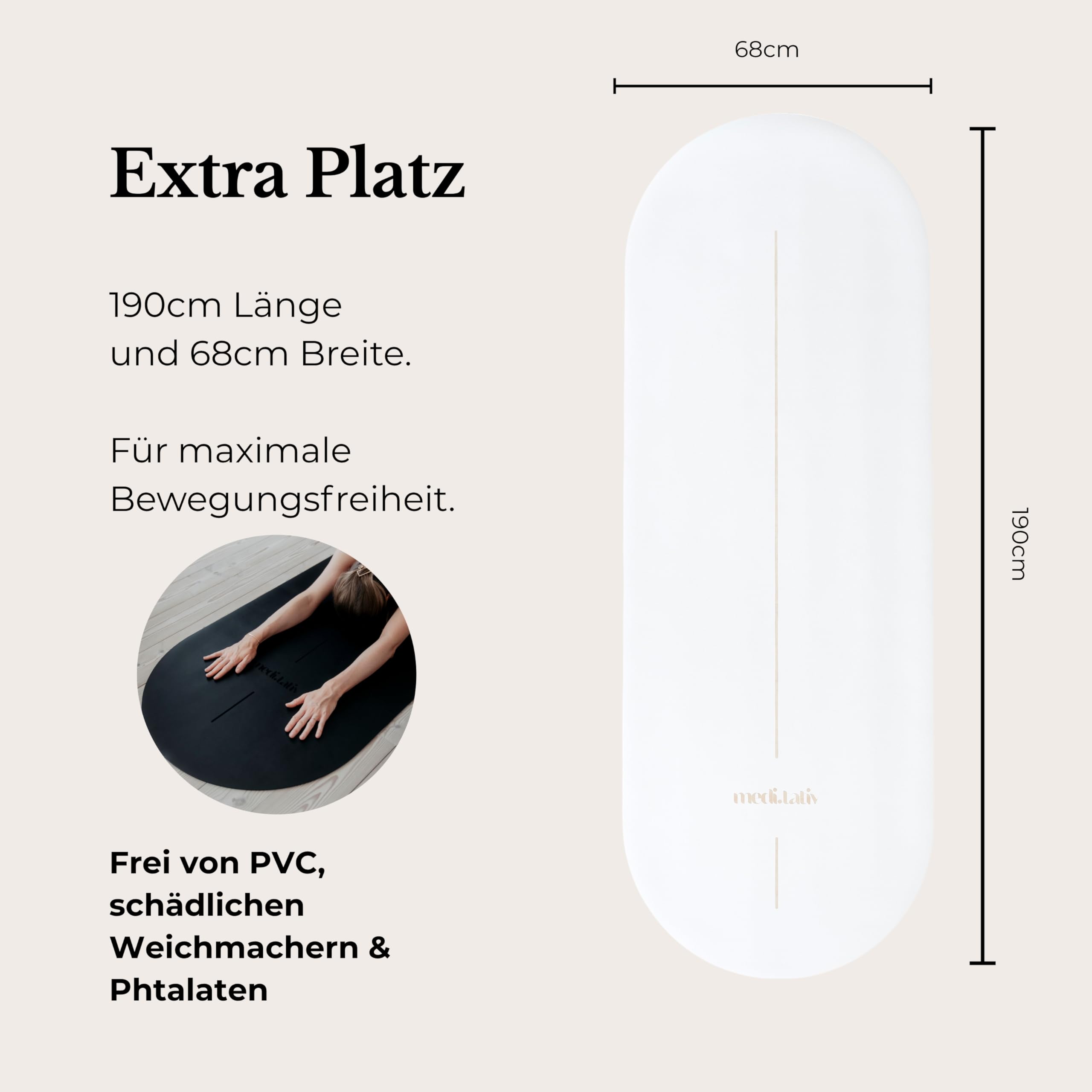 Esterilla ovalada de yoga y pilates en forma de cápsula, 190 x 68 x 0,42 cm, protege las articulaciones, antideslizante y biodegradable, incluye correa de transporte, certificado TÜV y