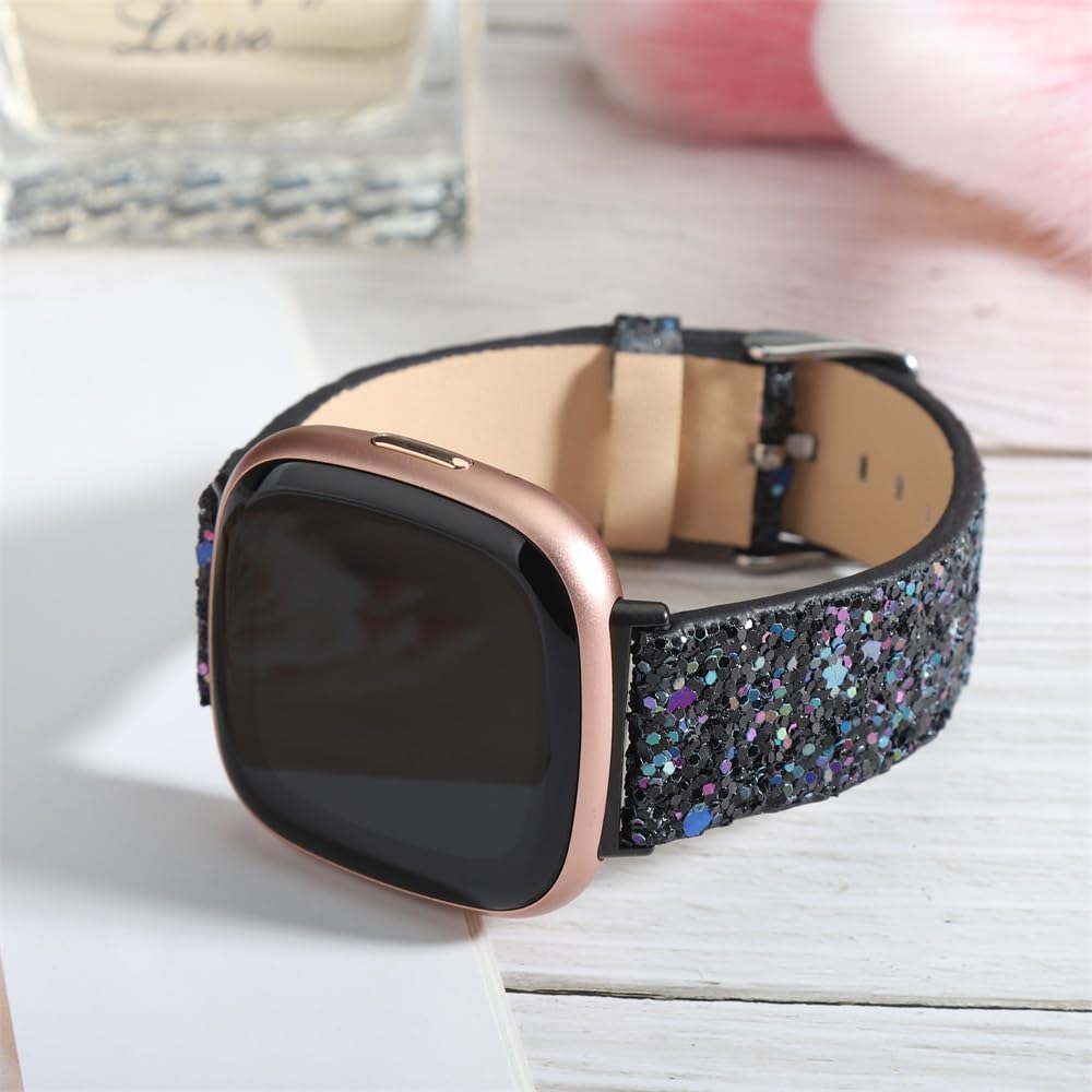ASOTC Bling Band Compatible with Fitbit Versa 3/Fitbit Versa 4/Fitbit Sense/Sense 2 Bands, 3D Shiny Bling Glitter Leather Strap For Fitbit Versa 4/Versa 3/Sense 2/Sense Smart Watch Accessories (Black)