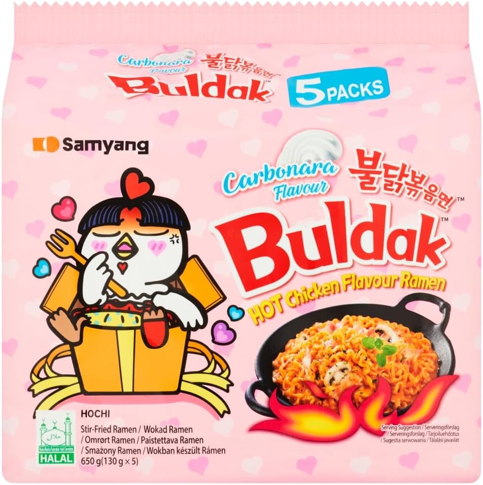 Samyang Buldak Hot Chicken Ramen Carbonara 130g x 5 Pack (650g Total) – Korean Spicy Instant Noodles, Creamy Carbonara Fire Noodles