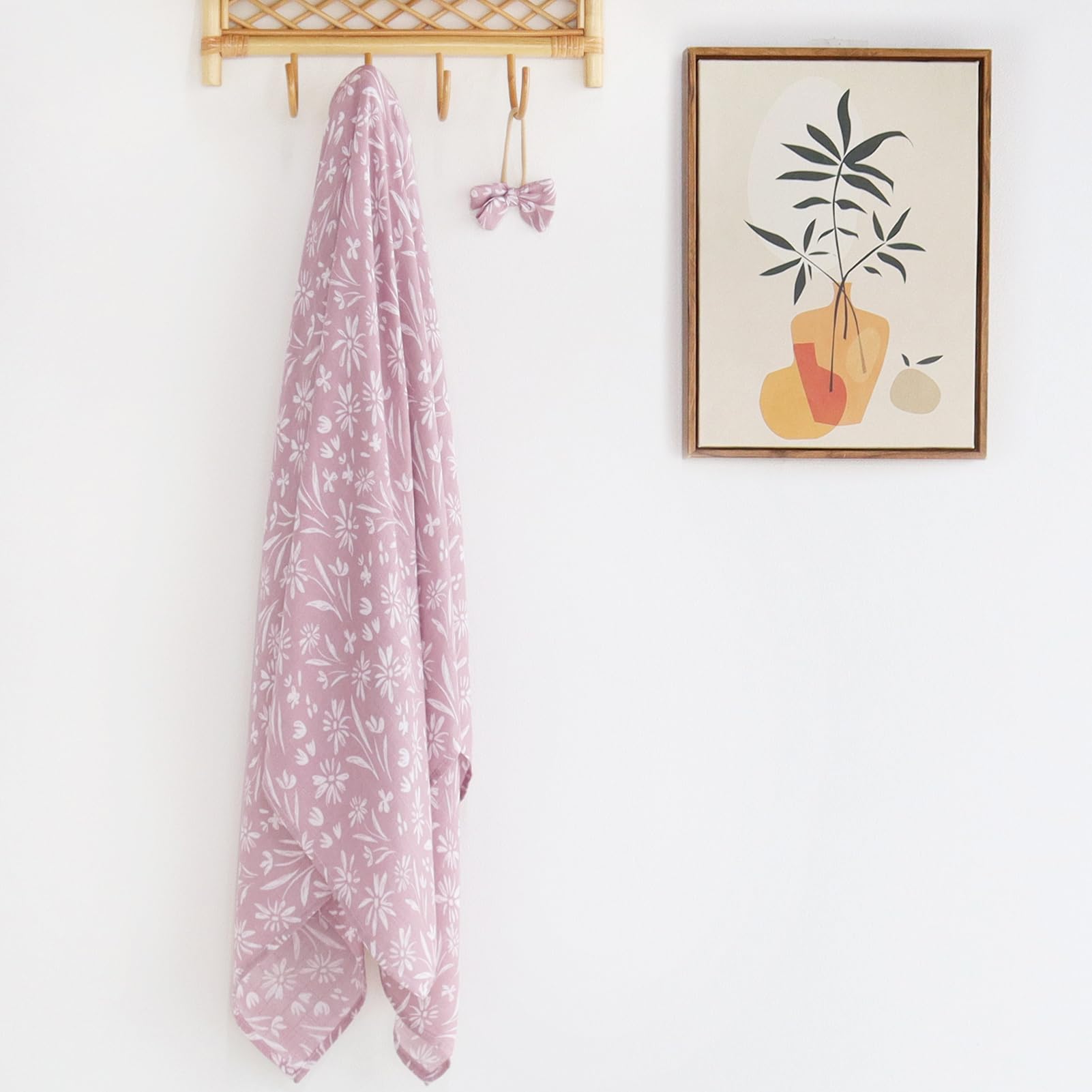 LifeTree Baby-Wickeldecke und Schleife, mauvenfarbenes, florales Musselin-Wickelset für Neugeborene, mit passender Stirnband-Schleife, Wickeldecke für Kleinkinder, 119,4 x 119,4 cm, 70 % Viskose aus