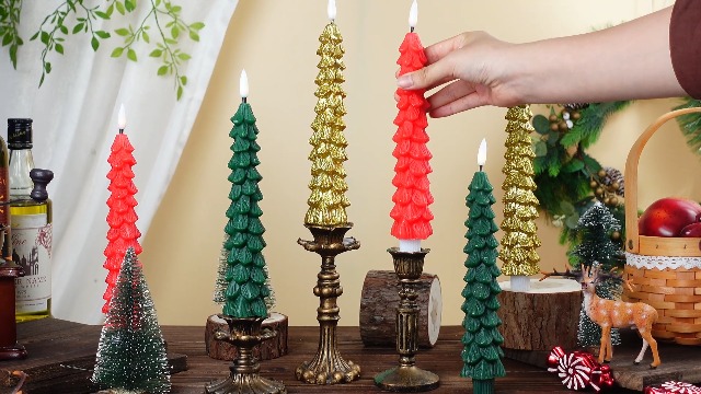Image of Funtery 6 Pcs LED Christmas Tree Flameless Taper Candles Real Wax Battery Operated Candlestick Lights with 3D Flame and Remote Timer Window Fireplace(Red Green Gold,Christmas Tree)