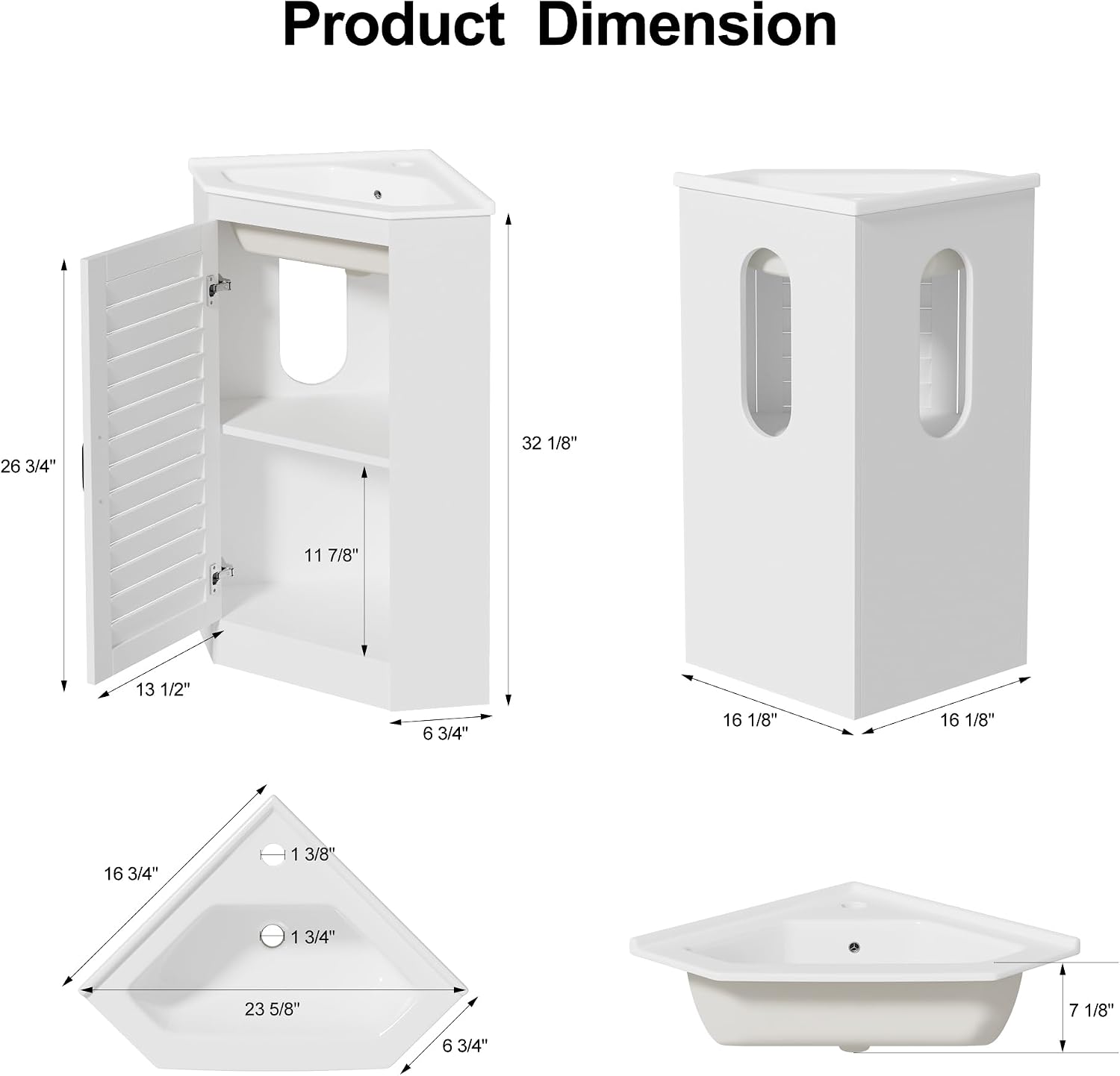 24" Corner Bathroom Vanity Undermount Sink Combo, Freestanding Storage Cabinet, Soft Closing Doors, Modern Wall Mount Bathroom Vanity for Small Space, White (Faucet Not Included)