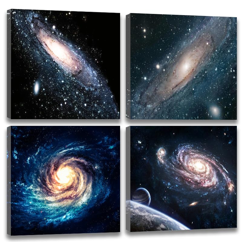 Nebula Pictures Space Wall Art - Galaxy Wall Decor Canvas Print Outerspace Universe Posters Set of 4 Panels Framed Paintings For Boys Girls Living Room Bedroom Bathroom Decor (12x12IN (30x30cm))