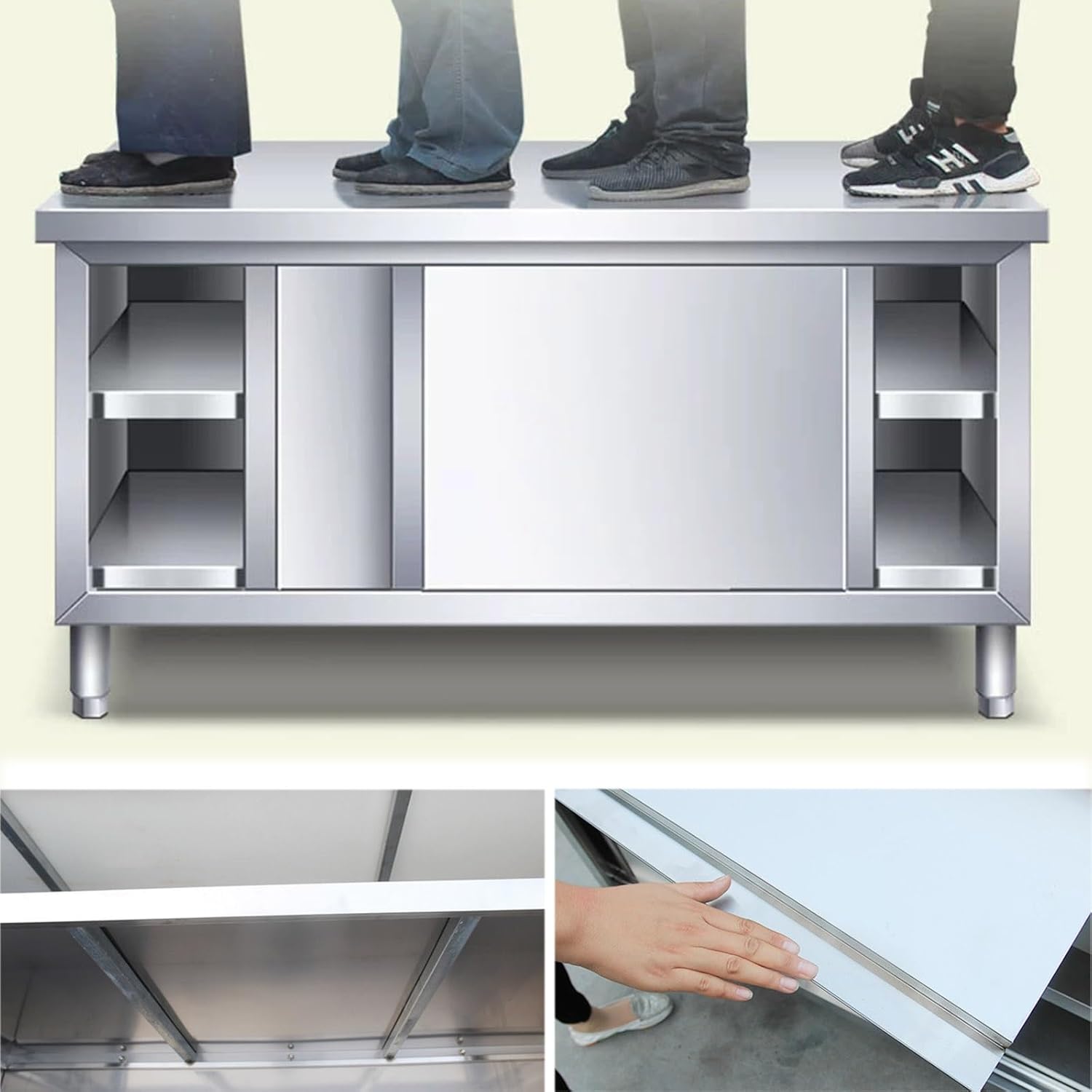 Stainless Steel Work Table with Sliding Doors Kitchen Work Platform Large Storage Cabinets Chopping and Preparation Table Suitable for Home Restaurant Hotel and Garage(80x60x80cm/31.5x23.6x31.5")