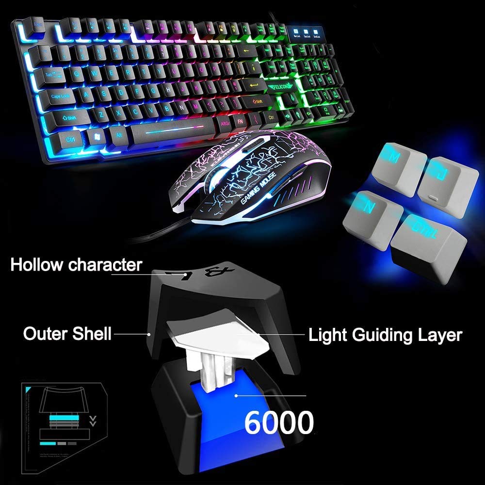 Tastiera da gioco USB retroilluminata con filo arcobaleno+Mouse da gioco LED arcobaleno ottico a 6 pulsanti 2400 DPI+Cuffie da gioco stereo+Altoparlanti RGB+Tappetini per mouse Set 5 in 1 (Nero)