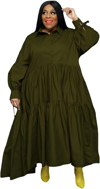 Adogirl Womens Plus Size Dress Oversized Loose Maxi Swing Shirt Dresses | Casual Long Sleeve Loose Fit Fall Button Down Ruched Ruffle Hem Bandage Long Shirt Dress for Cocktail Party Daily Beach Club