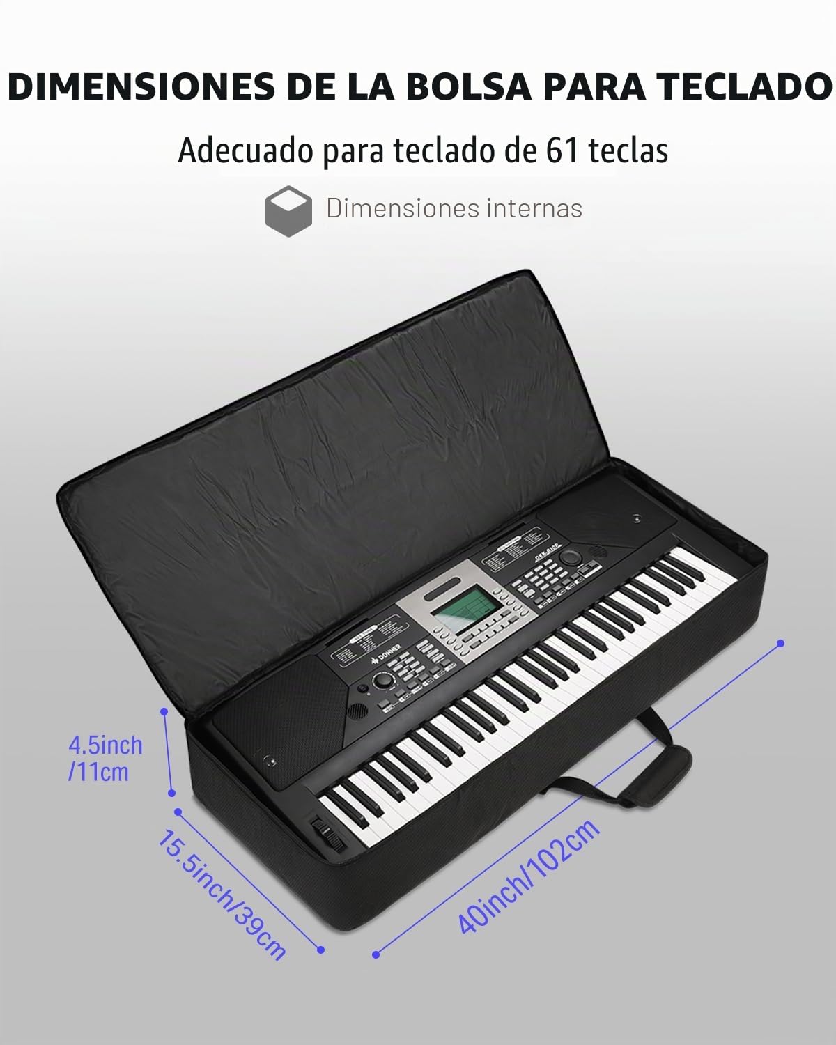 Donner Funda para Teclado de 61 Teclas, Bolsa de Teclado eléctrico, 101,6 x 40,6 x 15,2 cm, Impermeable 600D Nailon Oxford Negro Acolchado de Espuma de 10 mm