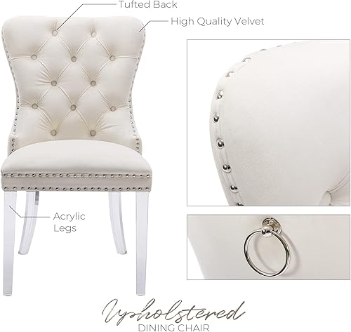 Miniatura 4 de Juego de 2 sillas de comedor de terciopelo tapizadas con patas acrílicas y borde de anillo, silla auxiliar sin brazos para el hogar, cocina y