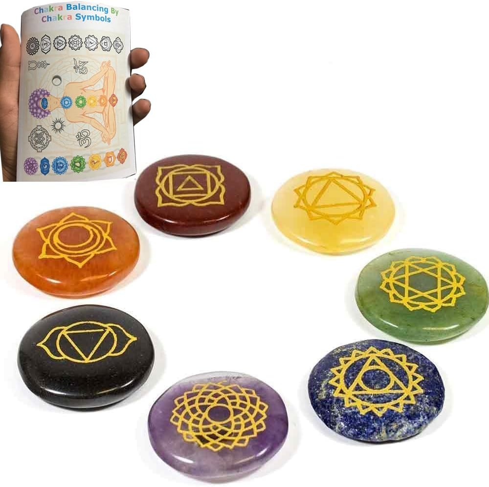 Free 20 Pages Chakra Booklet with Chakra Detail Reiki Chakra Stones w/Chakra Symbol Embroidered Case Set of 7 Chakra Stones with Engraved Chakra Symbols