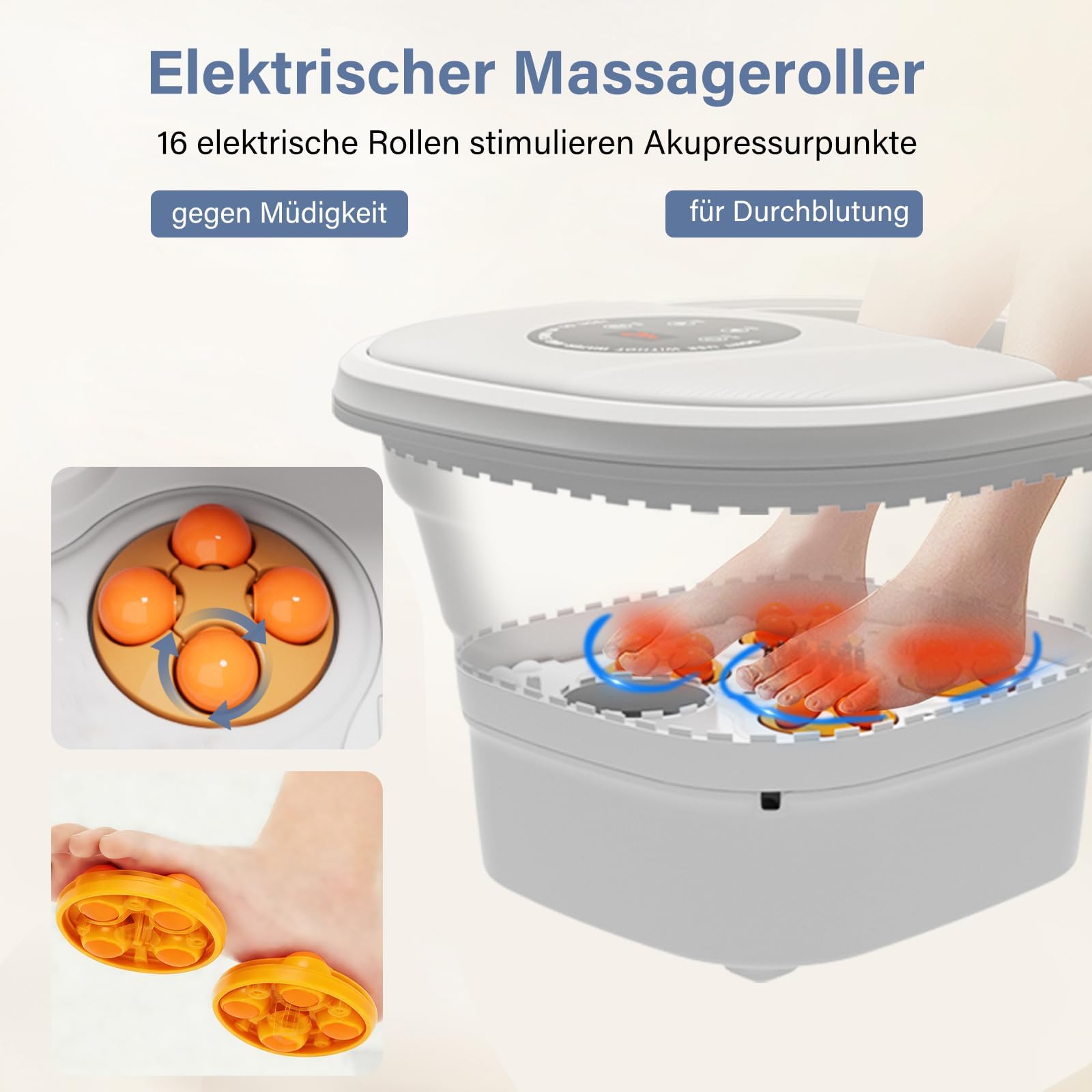 Fussbad mit Massagefunktion,Fußbad Massagegerät Elektrisch mit Timer klappbares,Fussbadewanne mit Massage mit Blasen 16 Rollen Temperatureinstellung Touchscreen-Steuerung und Fernbedienung