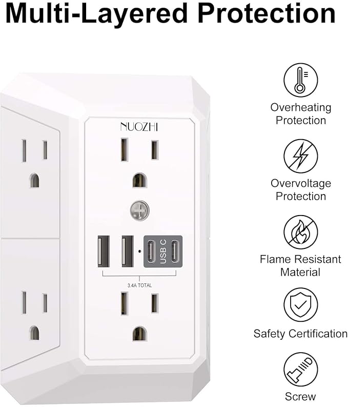 Protector eléctrico NUOZHI con 6 tomas y 4 puertos USB miniatura 2
