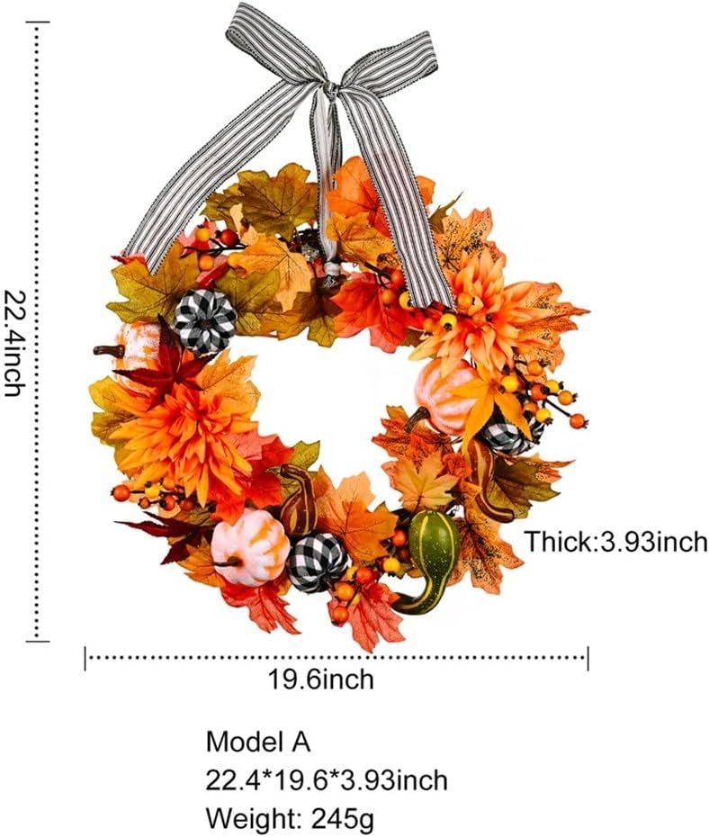 15/20 inch Fall Door Wreath Autumn Maple Leaf Pinecone Harvest Garland for Home Decor Front(E)