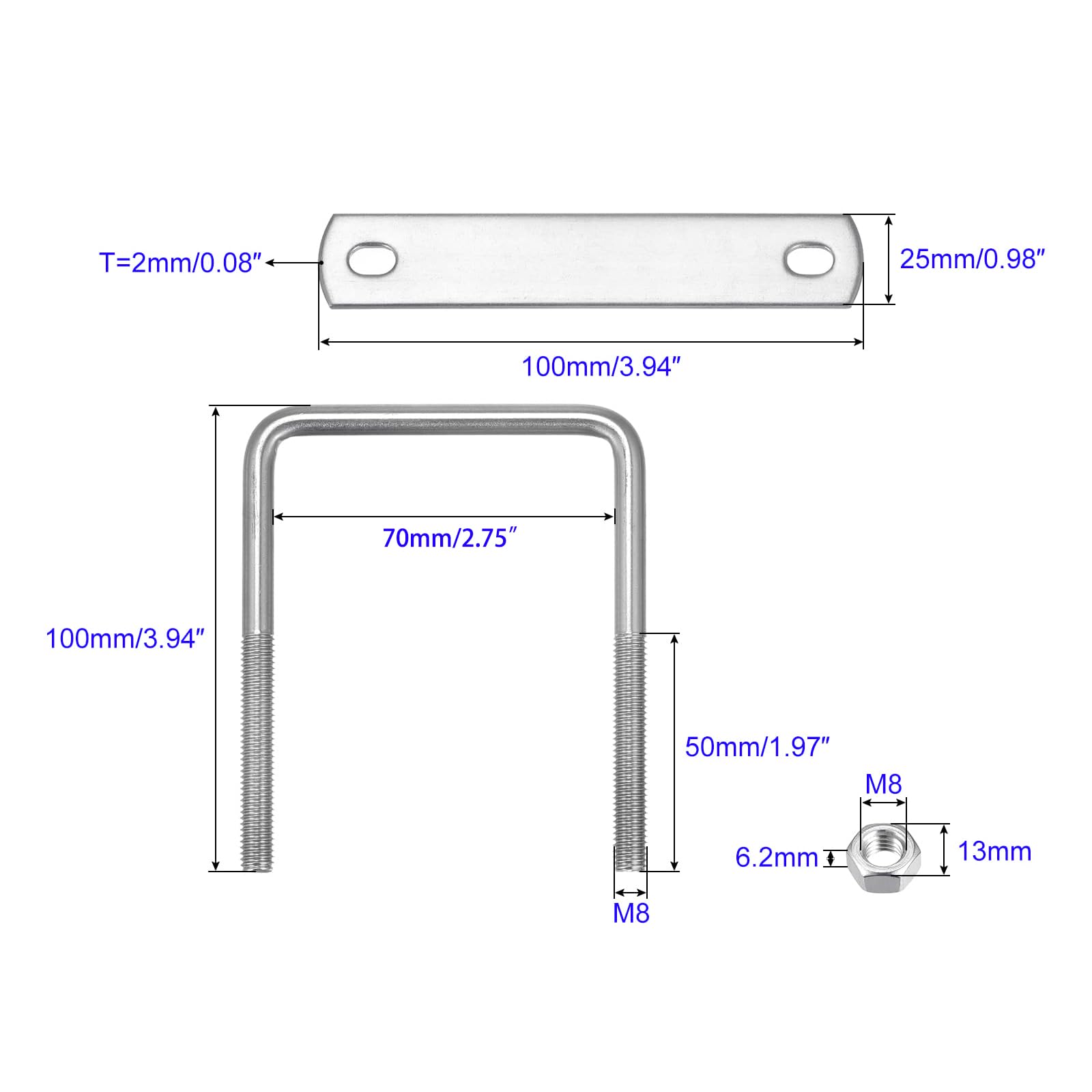 MACHSWON Square U-Bolt,2 Set 304 Stainless Steel M8 U Bolts 70mm(2.83") Inner Width 100mm Length with Nuts and Frame Plate for Automobiles Boat Trailer - Image 2