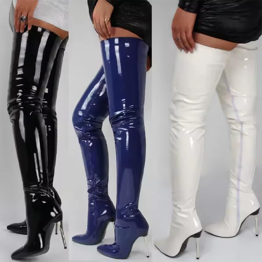 Damen Overknee Stiefel Stiletto High Heels Spitzer Zehenbereich Boots Winter Langschaftstiefel mit Reißverschluss
