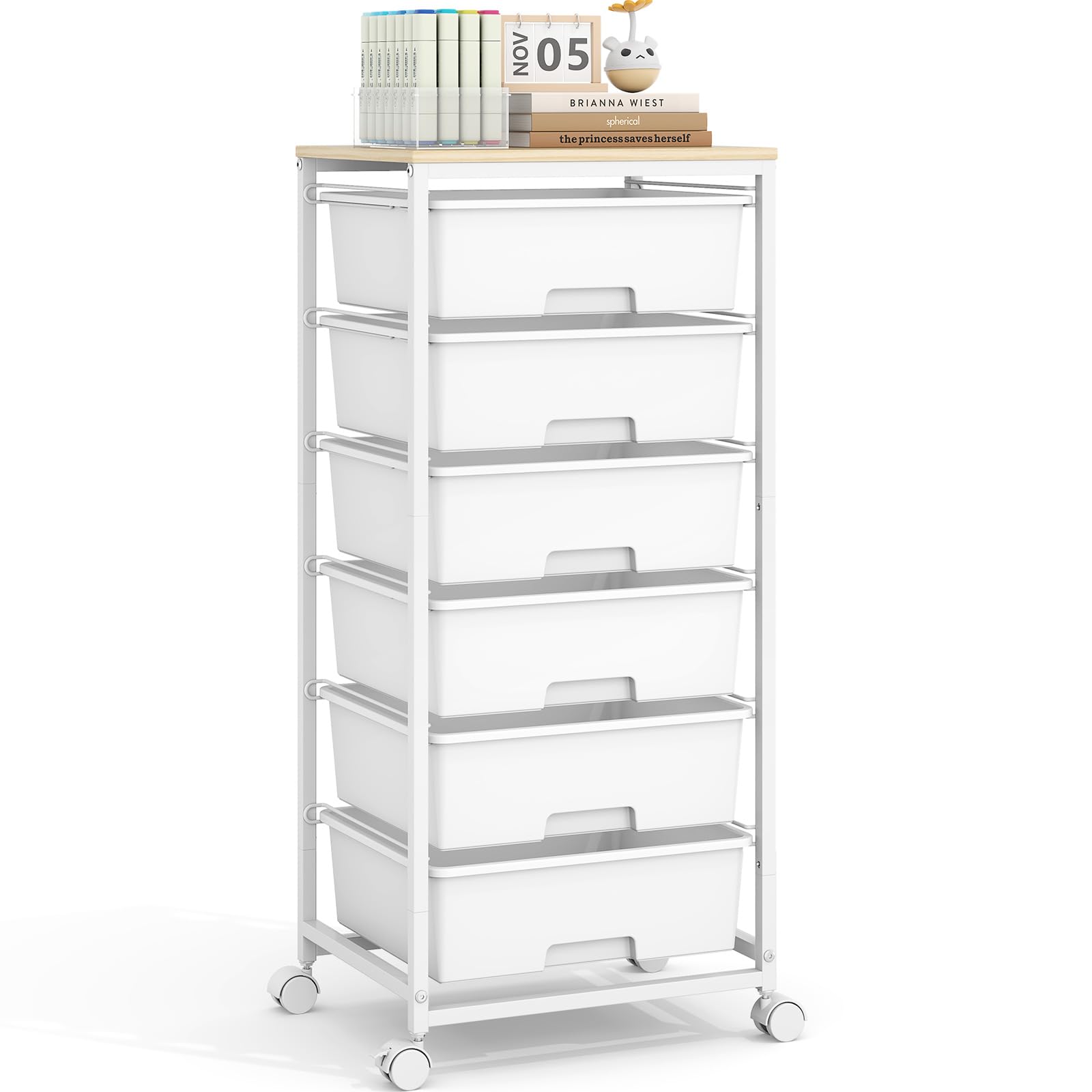 Photo 1 of ***FOR PARTS ONLY/ MISSING PIECES / STICKY**** Rolling Storage Cart with 6 Drawers and Wooden Tabletop, Lockable Wheels Utility Cart for Art Studios, Office Supplies & Craft Room Organization (White)
