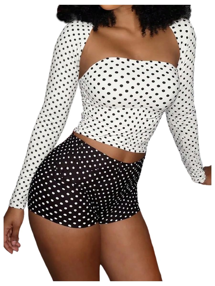 Women's Y2k 3 Piece Outfits Polka Dots Crop Tube Top Long Sleeve Shirts and Shorts Party Rave Clothes-image-22
