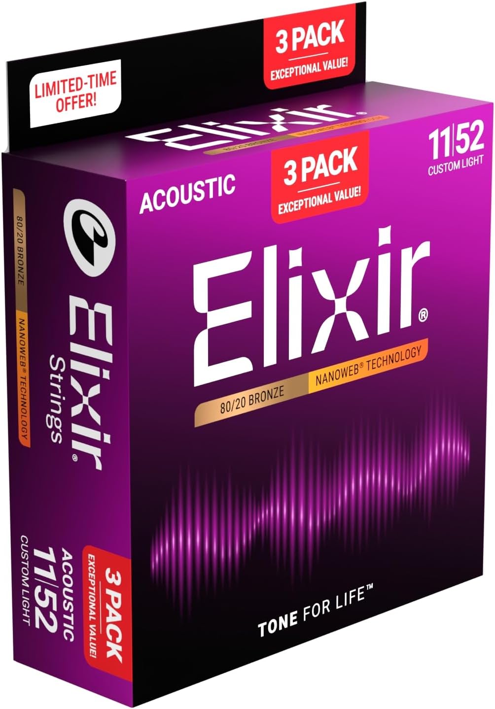 Elixir Acoustic 80/20 Bronze Guitar Strings w/NANOWEB® Technology - Light 12-53 - (3 Pack 11052)