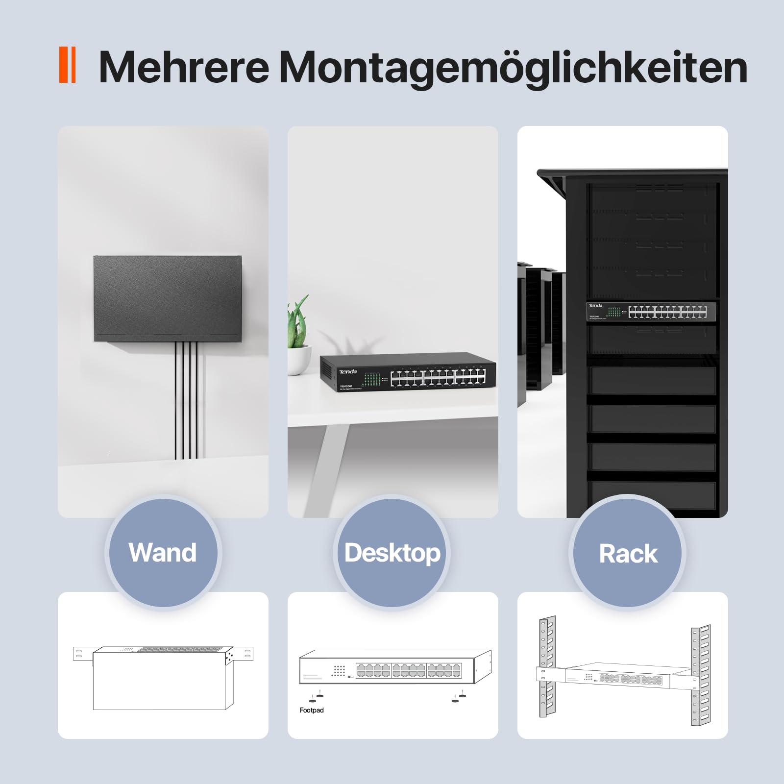 Tenda Gigabit Switch 24 Port Netzwerk Switch 19 Zoll Rackeinbau LAN Switch (Plug-and-Play Ethernet Switch, Lüfterlos, Unmanaged, Rack- / Wandmontage, Metallgehäuse, Schwarz) (TEG1024D)