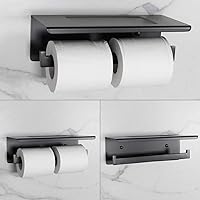 Vista 2 de Soporte de papel higiénico negro mate, soporte de doble rollo de papel higiénico con estante montado en la pared para baño, acero inoxidable
