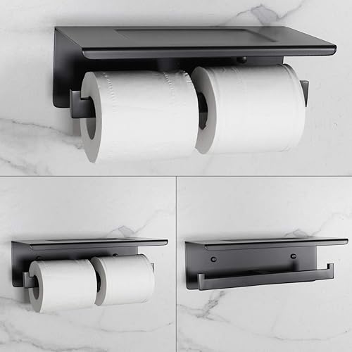 Miniatura 2 de Soporte de papel higiénico negro mate, soporte de doble rollo de papel higiénico con estante montado en la pared para baño, acero inoxidable