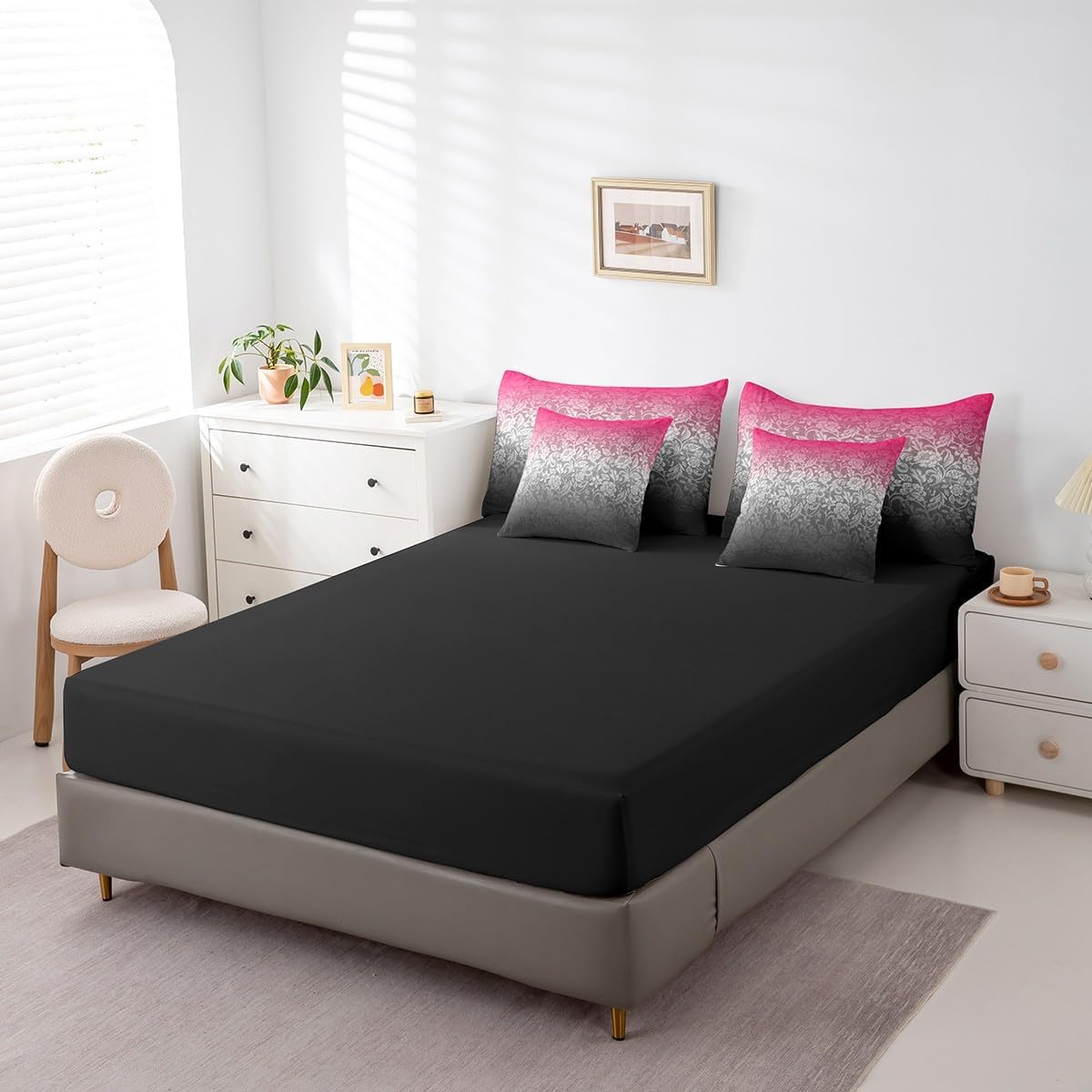 Feelyou Ombre Effects Comforter Set Full Size 7 Pieces Damask Pattern Bedding Set Rose Black Ombre Modern Bed in a Bag with Comforter, Sheets, Pillowcases & Cushion Cover Abstract Art Design Bed Set