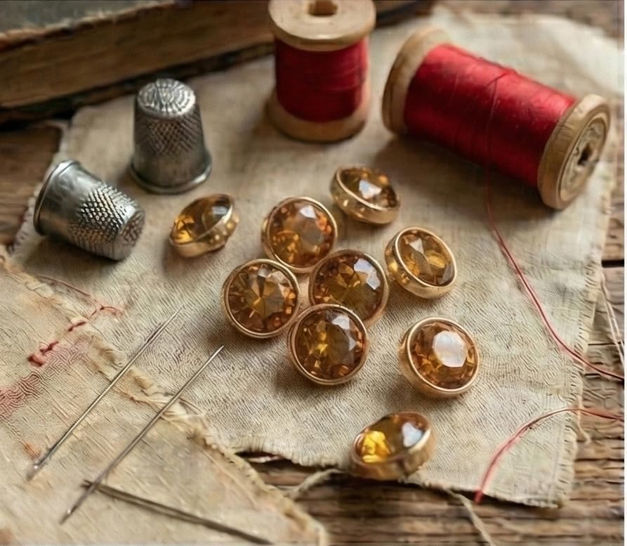 Image of Crystal Amber gold Rhinestone Buttons (Size-18L) for Sewing & Craft | Gold Rim Designer Button for Blouse, Kurti, Dresses, DIY Craft & Decorations | Pack of 12 | Shiny Diamond Cut for Women's Clothing