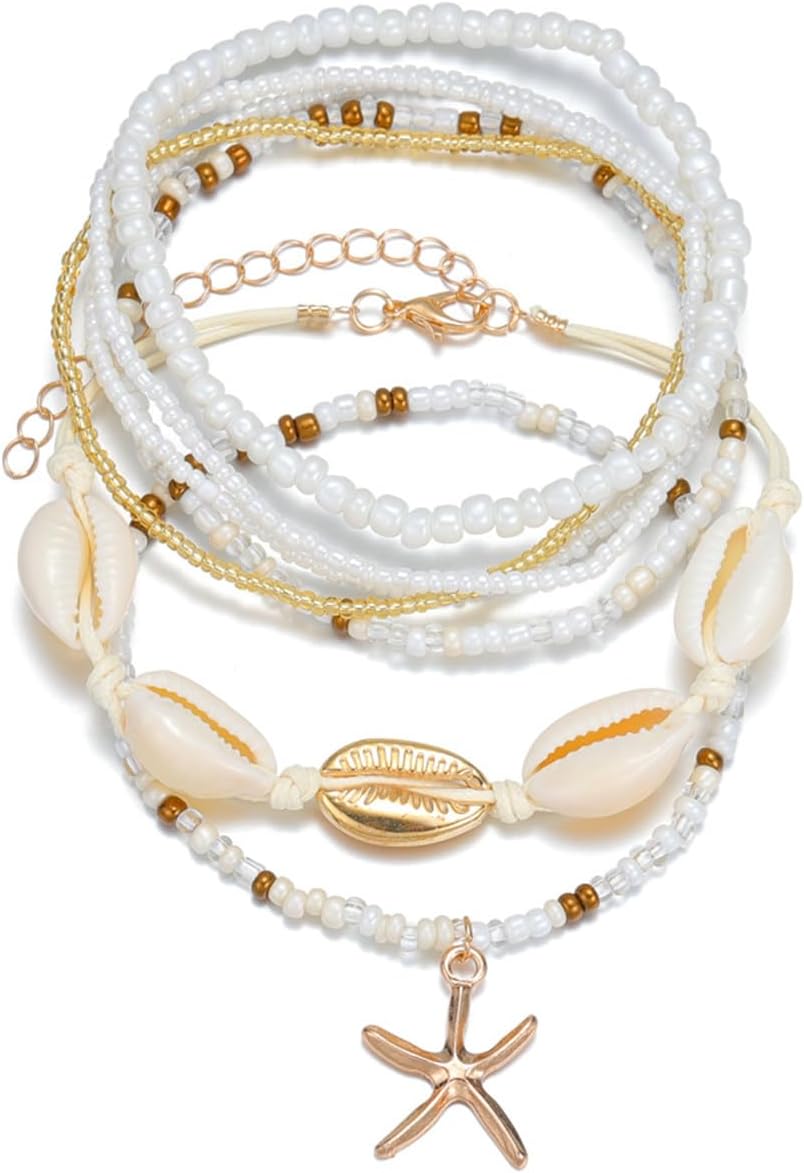 Shell Ankle Bracelet Set for Women,Boho Adjustable Beads Anklet Pack Natural White Shells Stack Stretch Seashell Pearl Starfish Bracelet Set Hawaiian Beach Vacation Foot Jewelry - Image 6