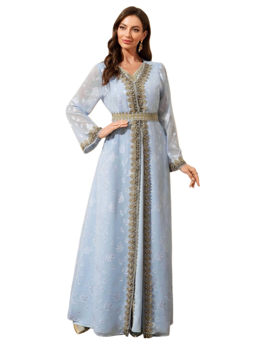 PLWEDDING Traditionelles muslimisches Kaftan Kleid,Blau mit Gold Stickerei,Lange Ärmel,V-Ausschnitt,Maxi Länge,Orientalischer Stil
