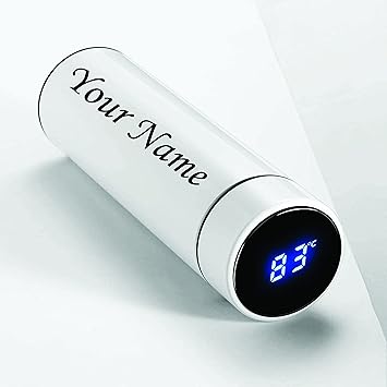 Himoksh Water Bottle, Tea Infuser Bottle Thermos Vacuum Water Bottle, Travel Mug with Smart LCD Touch Screen, Keep Hot Or Cold with with Customized Name & Company Logo (Bliss White, Stainless Steel)