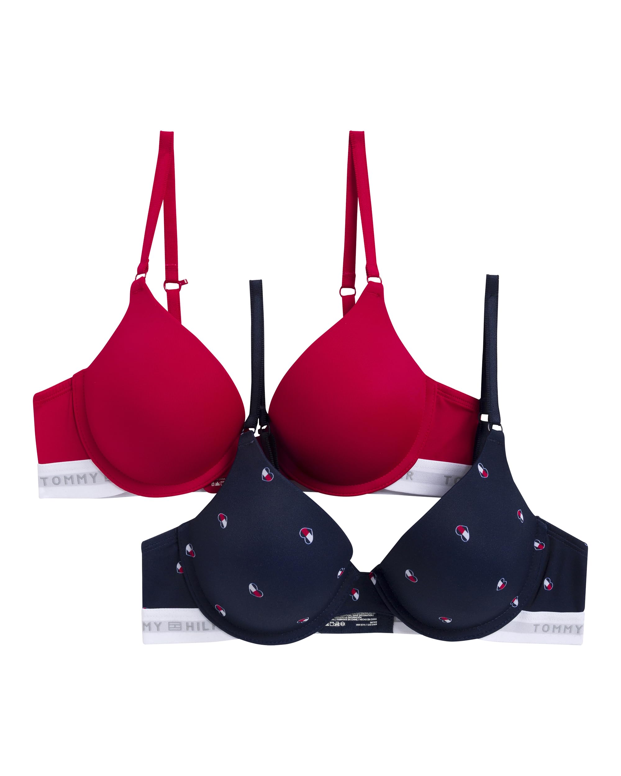 Tommy Hilfiger Womens Microfiber Push Up Bra 2-Pack 36B Slanted Flag Heart Sky Captain/Tango Red