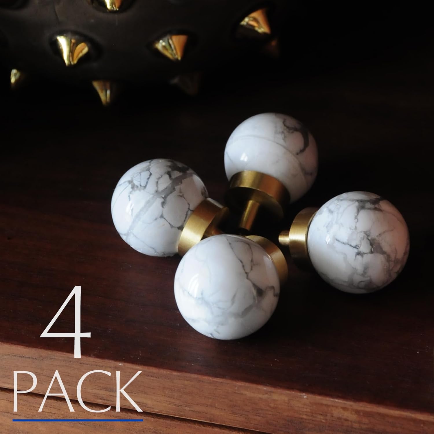 JEREVER 4 Pack White Marble Knobs Vintage Stone Ball Drawer Pull Cabinet Handle for Dresser Kitchen Bathroom Gold Furniture Hardware (White Marble-Gold)
