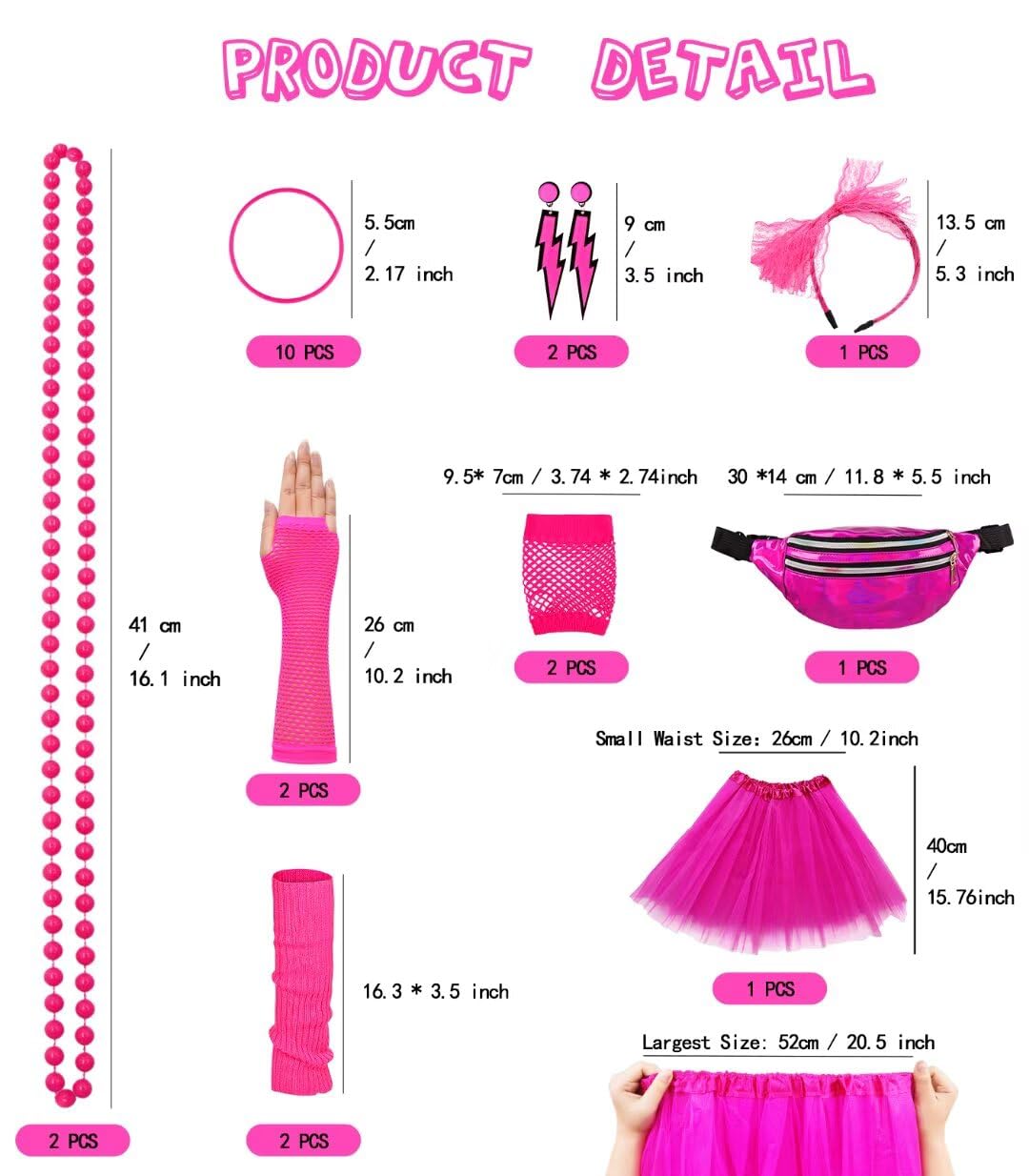 WlLDPARTY 80er-Jahre-Kostüm-Zubehör-Set für Damen, T-Shirt, Leggings, Tutu, Rock, Bauchtasche, Stirnband, Ohrringe, Halskette, Netzhandschuhe, Beinstulpen, 80er-Jahre-Party-Outfits (Leggings, bunt